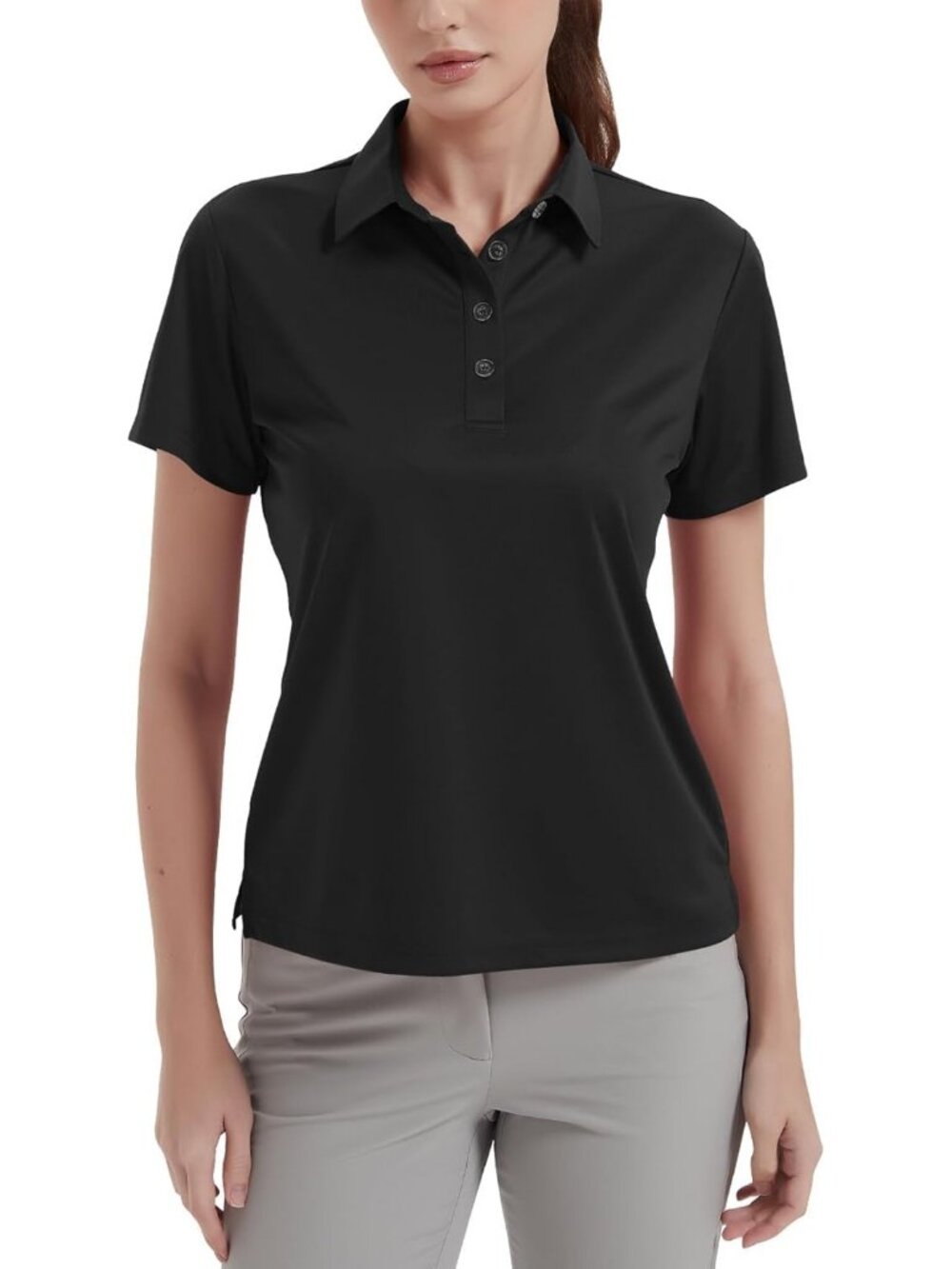 Women's Black 4 Buttons UPF 50+ Short Sleeve Polo Shirt Collared Quick Dry Tops